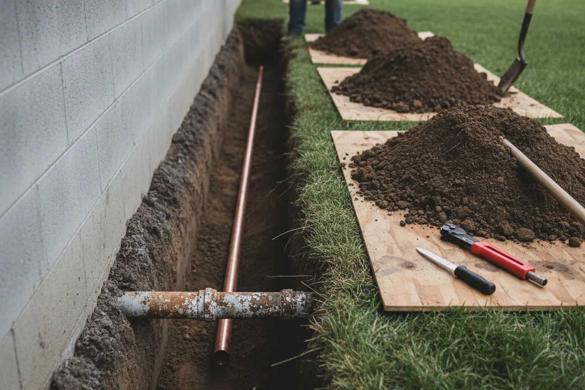 Excavated water line trench during Sewer Line Repair in Saint Pauls